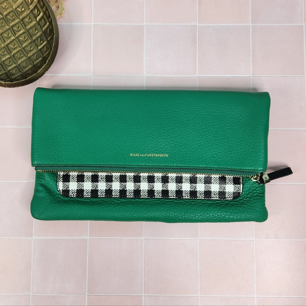 DVF Green and Black Gingham Clutch